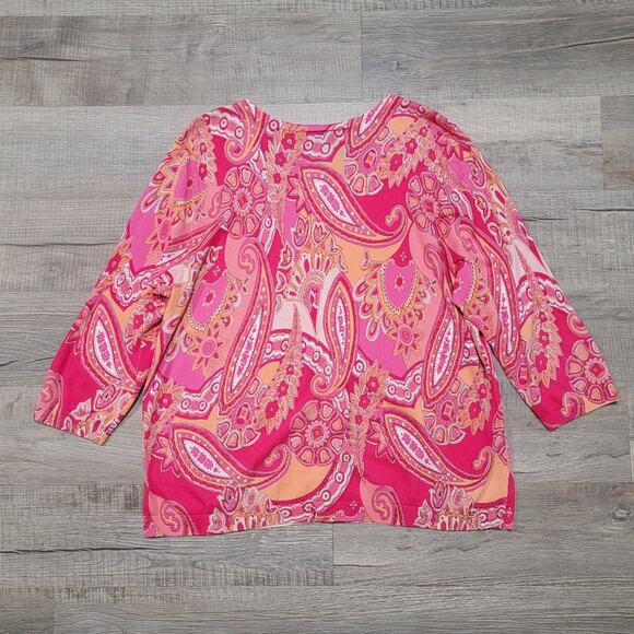 Talbots Paisley Cardigan Button Up Knit Sweater 2X Pink Crew Neck Preppy Classic - Picture 2 of 6
